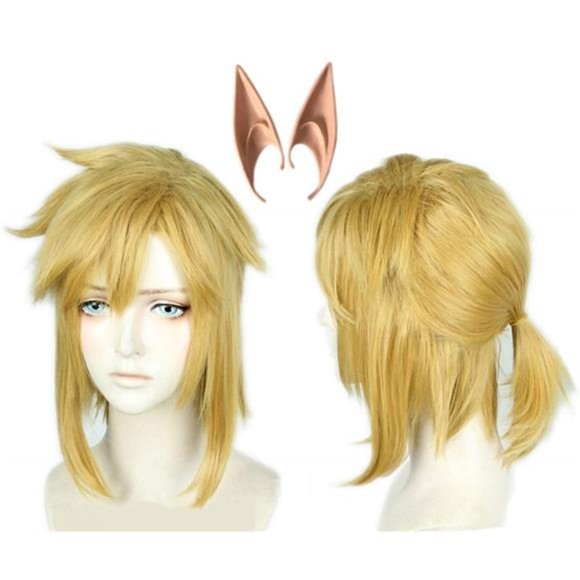 Linfairy Short Blonde Wig Halloween Cosplay Wig For Men Braid with 2 Elf Ear